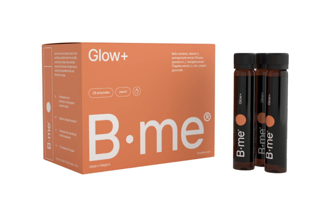 Glow+ un teint unifié et lumineux de l&rsquo;intérieur de chez b.me, un complément alimentaire liquide pour la peau en shot en dose unique